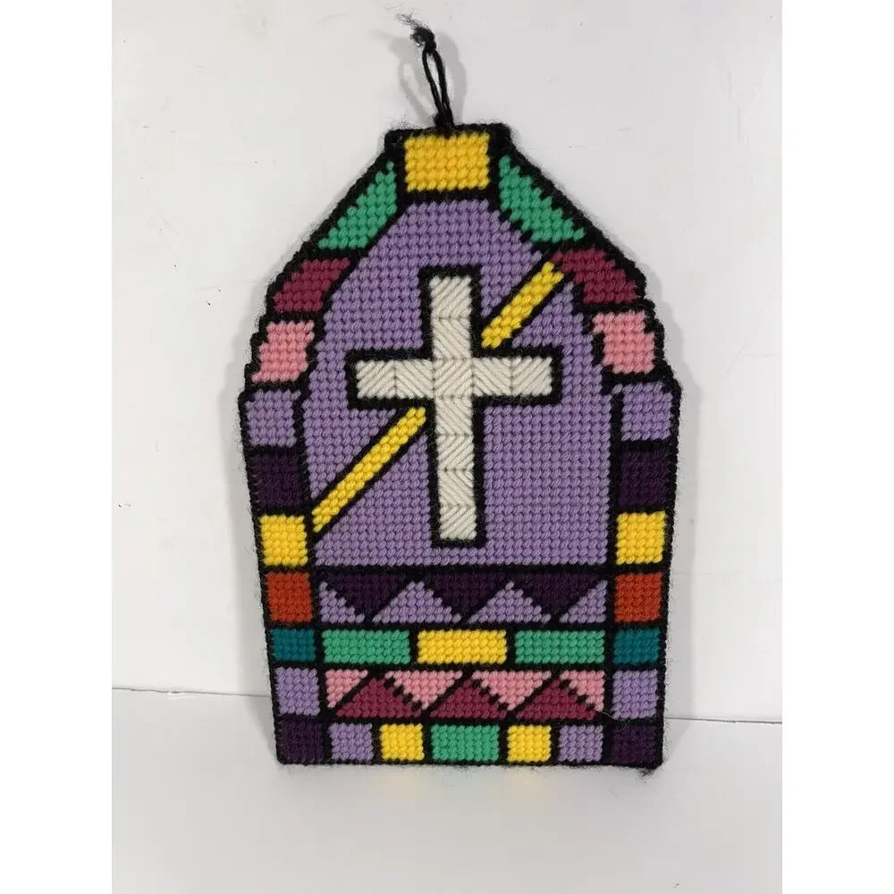 Vintage Needlepoint Stain‎ Glass￼ Church Window Cross Stitch Wall Hanging Art